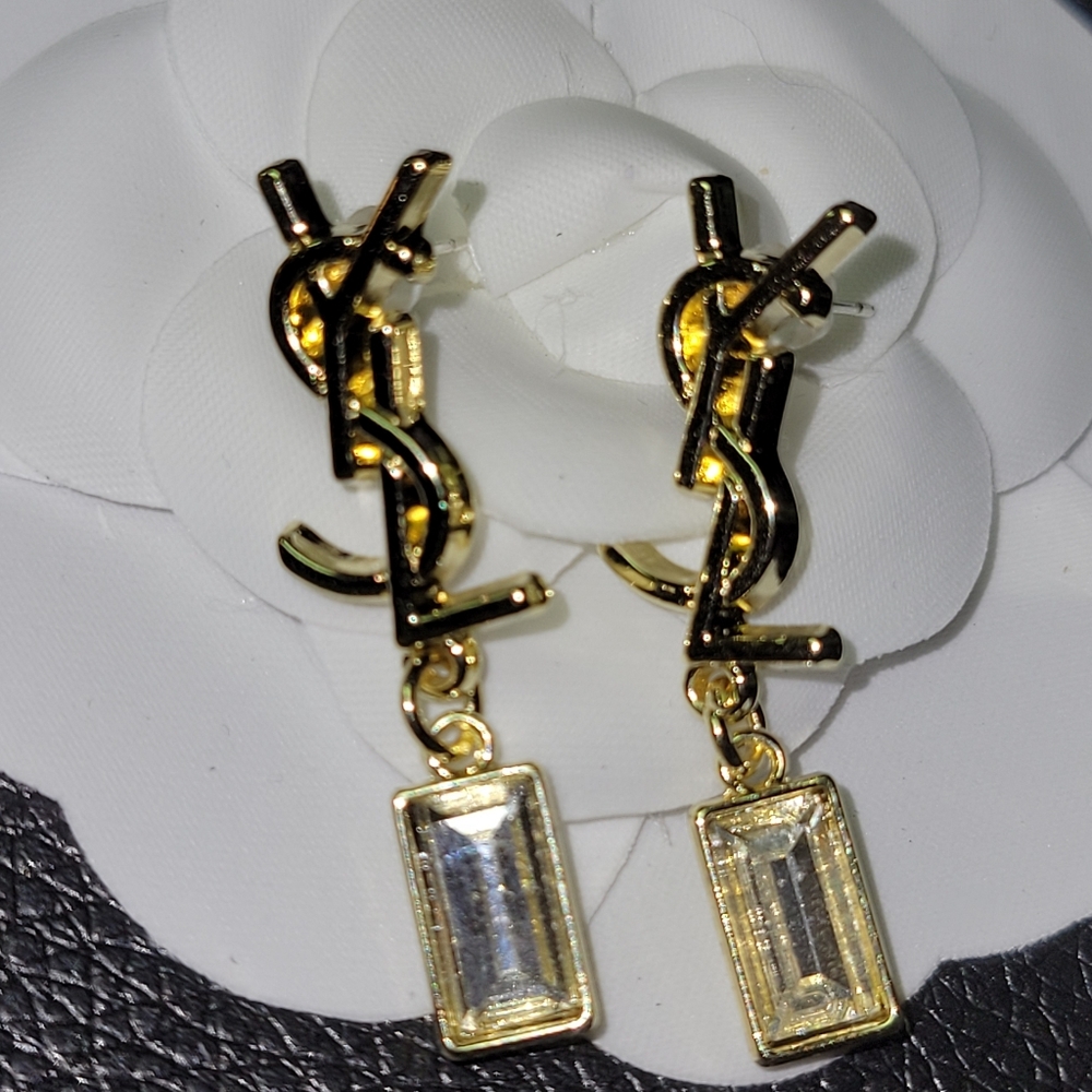 Elegant Gold Crystal YSL Earings, New